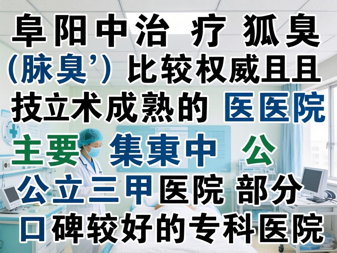 在阜阳,治疗狐臭(腋臭)比较权威且技术成熟的医院主要集中在公立三甲医院和部分口碑较好的专科医院 在阜阳,治疗狐臭(腋臭)比较权威且技术成熟的医院主要集中在公立三甲医院和部分口碑较好的专科医院