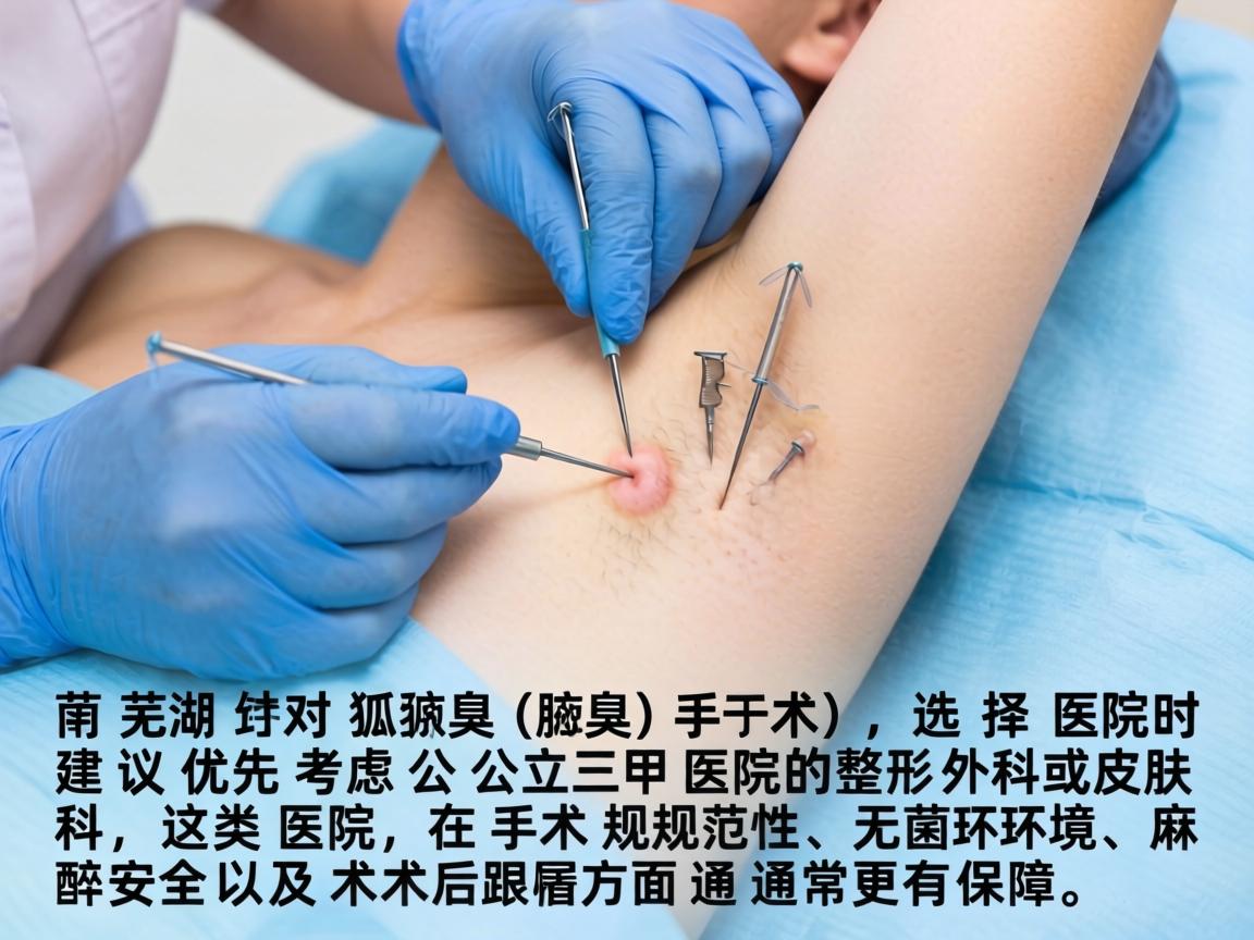在芜湖,针对狐臭(腋臭)手术,选择医院时建议优先考虑公立三甲医院的整形外科或皮肤科,这类医院在手术规范性、无菌环境、麻醉安全以及术后跟进方面通常更有保障 在芜湖,针对狐臭(腋臭)手术,选择医院时建议优先考虑公立三甲医院的整形外科或皮肤科,这类医院在手术规范性、无菌环境、麻醉安全以及术后跟进方面通常更有保障