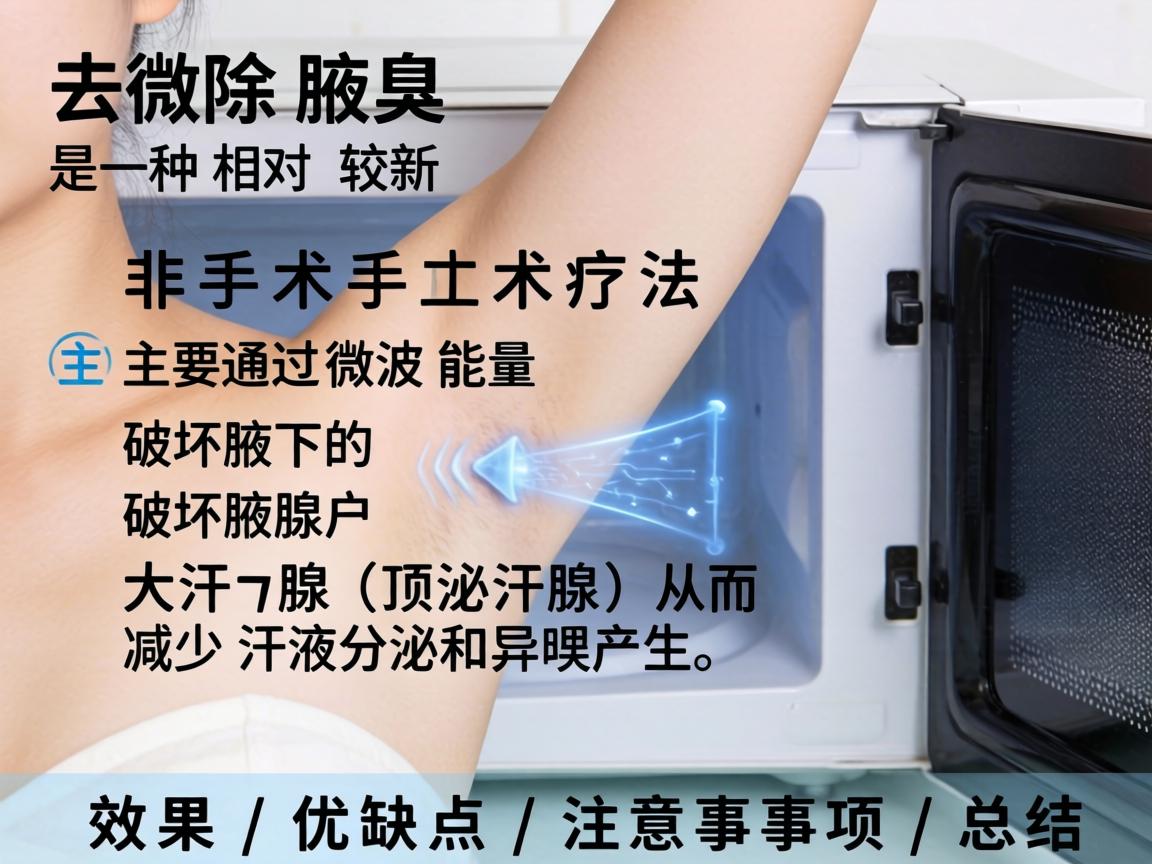 微波去除腋臭是一种相对较新的非手术疗法,主要通过微波能量破坏腋下的大汗腺(顶泌汗腺)从而减少汗液分泌和异味产生。以下是其效果、优缺点及注意事项的总结 微波去除腋臭是一种相对较新的非手术疗法,主要通过微波能量破坏腋下的大汗腺(顶泌汗腺)从而减少汗液分泌和异味产生。以下是其效果、优缺点及注意事项的总结