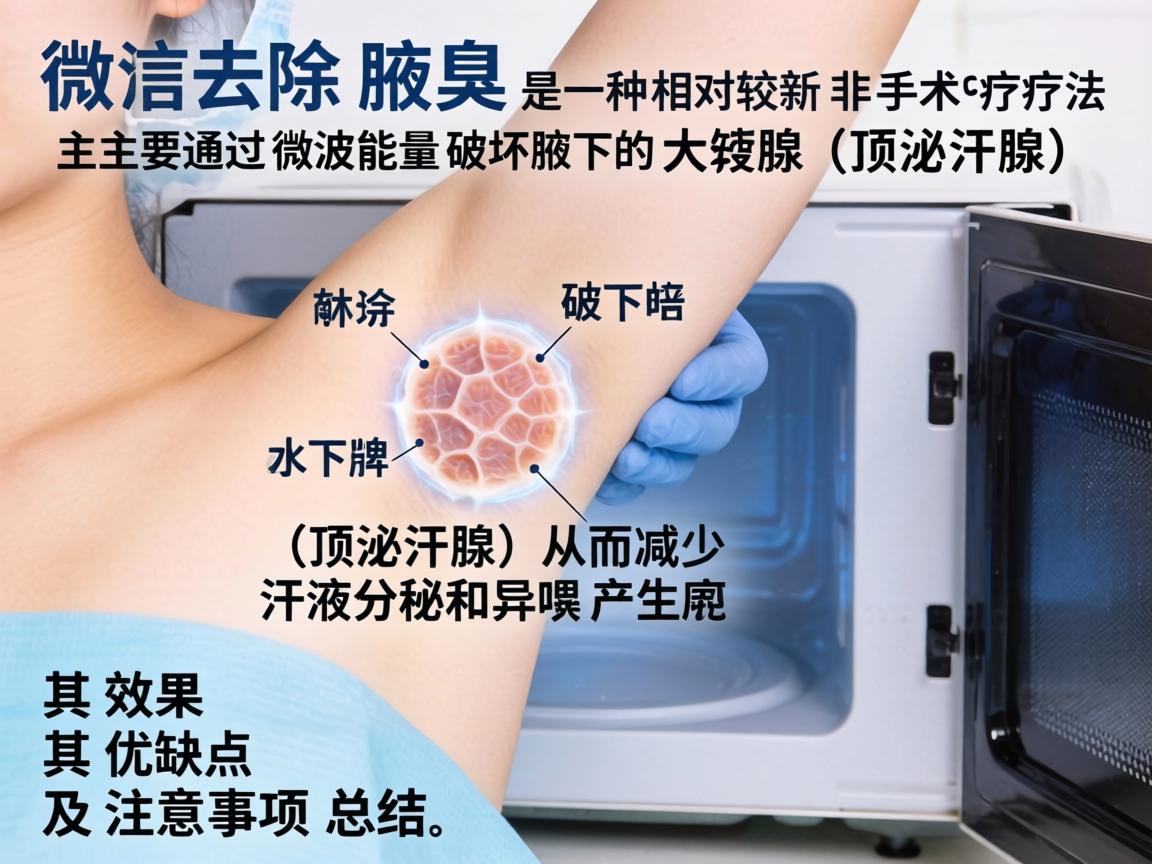 微波去除腋臭是一种相对较新的非手术疗法,主要通过微波能量破坏腋下的大汗腺(顶泌汗腺)从而减少汗液分泌和异味产生。以下是其效果、优缺点及注意事项的总结 微波去除腋臭是一种相对较新的非手术疗法,主要通过微波能量破坏腋下的大汗腺(顶泌汗腺)从而减少汗液分泌和异味产生。以下是其效果、优缺点及注意事项的总结