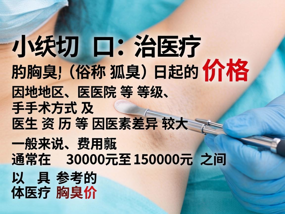 小切口治疗腋臭(俗称狐臭)的价格因地区、医院等级、手术方式及医生资历等因素差异较大。一般来说,费用通常在 3000元至15000元 之间。以下是具体的参考价格和影响因素 小切口治疗腋臭(俗称狐臭)的价格因地区、医院等级、手术方式及医生资历等因素差异较大。一般来说,费用通常在 3000元至15000元 之间。以下是具体的参考价格和影响因素