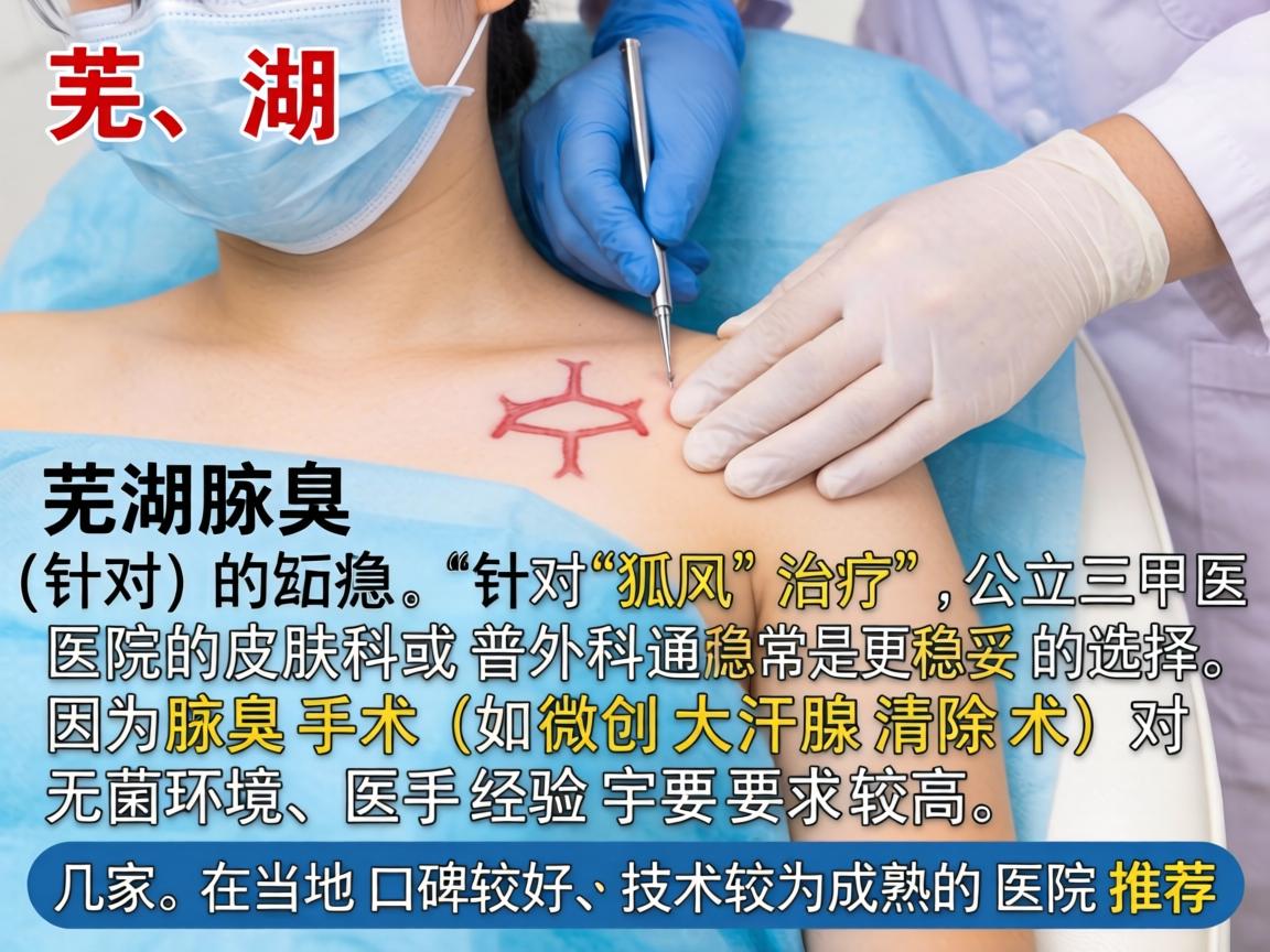 在芜湖,针对腋臭(狐臭)的治疗,公立三甲医院的皮肤科或普外科通常是更稳妥的选择,因为腋臭手术(如微创大汗腺清除术)对无菌环境、医生经验要求较高。以下是几家在当地口碑较好、技术较为成熟的医院推荐 在芜湖,针对腋臭(狐臭)的治疗,公立三甲医院的皮肤科或普外科通常是更稳妥的选择,因为腋臭手术(如微创大汗腺清除术)对无菌环境、医生经验要求较高。以下是几家在当地口碑较好、技术较为成熟的医院推荐