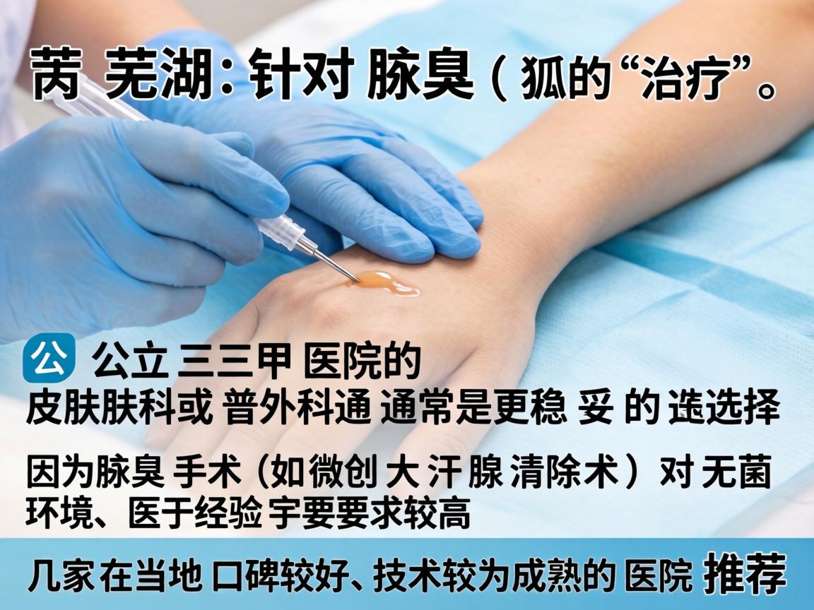 在芜湖,针对腋臭(狐臭)的治疗,公立三甲医院的皮肤科或普外科通常是更稳妥的选择,因为腋臭手术(如微创大汗腺清除术)对无菌环境、医生经验要求较高。以下是几家在当地口碑较好、技术较为成熟的医院推荐 在芜湖,针对腋臭(狐臭)的治疗,公立三甲医院的皮肤科或普外科通常是更稳妥的选择,因为腋臭手术(如微创大汗腺清除术)对无菌环境、医生经验要求较高。以下是几家在当地口碑较好、技术较为成熟的医院推荐
