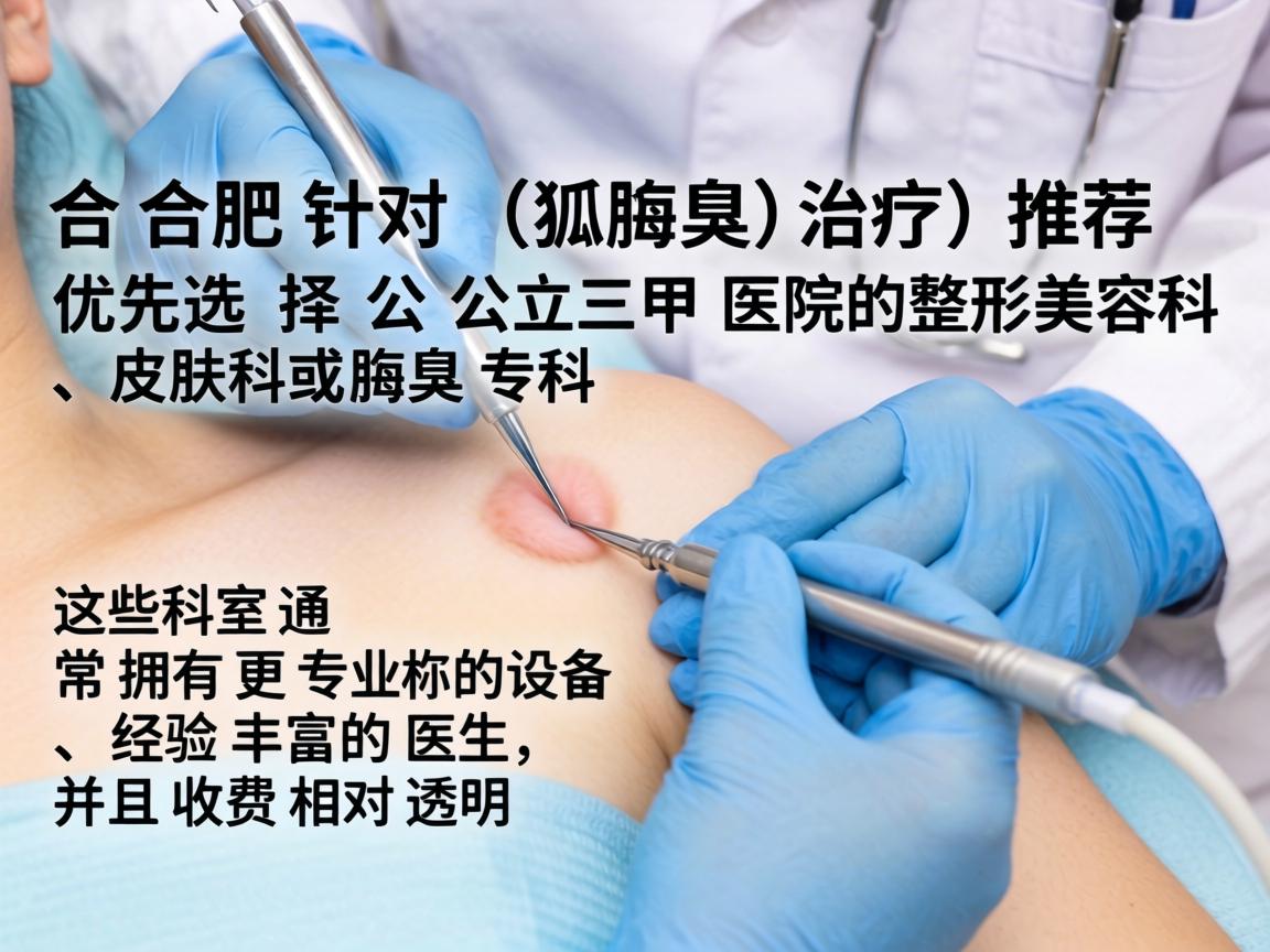 在合肥,针对狐臭(腋臭)的治疗,推荐优先选择公立三甲医院的整形美容科、皮肤科或腋臭专科。这些科室通常拥有更专业的设备、经验丰富的医生,并且收费相对透明 在合肥,针对狐臭(腋臭)的治疗,推荐优先选择公立三甲医院的整形美容科、皮肤科或腋臭专科。这些科室通常拥有更专业的设备、经验丰富的医生,并且收费相对透明