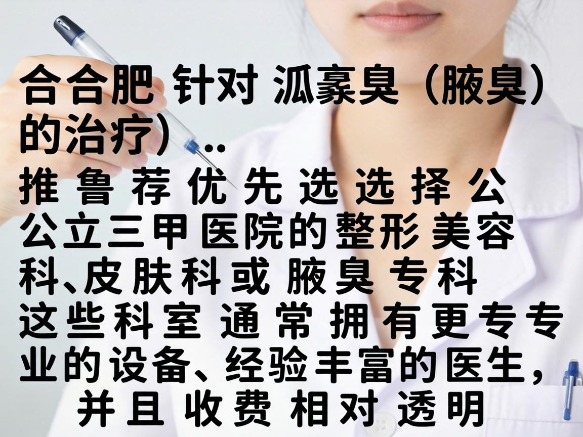 在合肥,针对狐臭(腋臭)的治疗,推荐优先选择公立三甲医院的整形美容科、皮肤科或腋臭专科。这些科室通常拥有更专业的设备、经验丰富的医生,并且收费相对透明 在合肥,针对狐臭(腋臭)的治疗,推荐优先选择公立三甲医院的整形美容科、皮肤科或腋臭专科。这些科室通常拥有更专业的设备、经验丰富的医生,并且收费相对透明