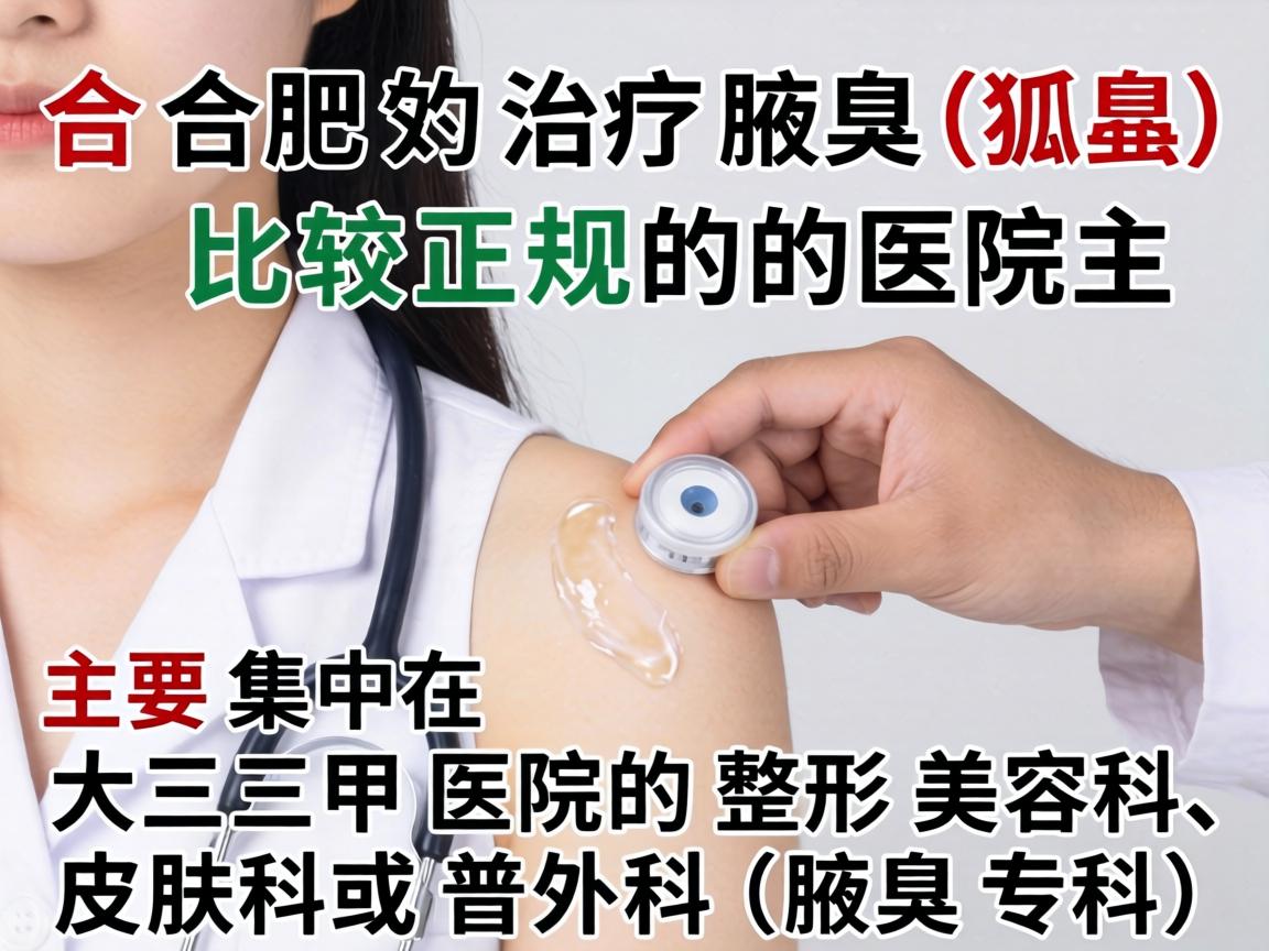 在合肥,治疗腋臭(狐臭)比较正规的医院主要集中在大三甲医院的整形美容科、皮肤科或普外科(腋臭专科) 在合肥,治疗腋臭(狐臭)比较正规的医院主要集中在大三甲医院的整形美容科、皮肤科或普外科(腋臭专科)