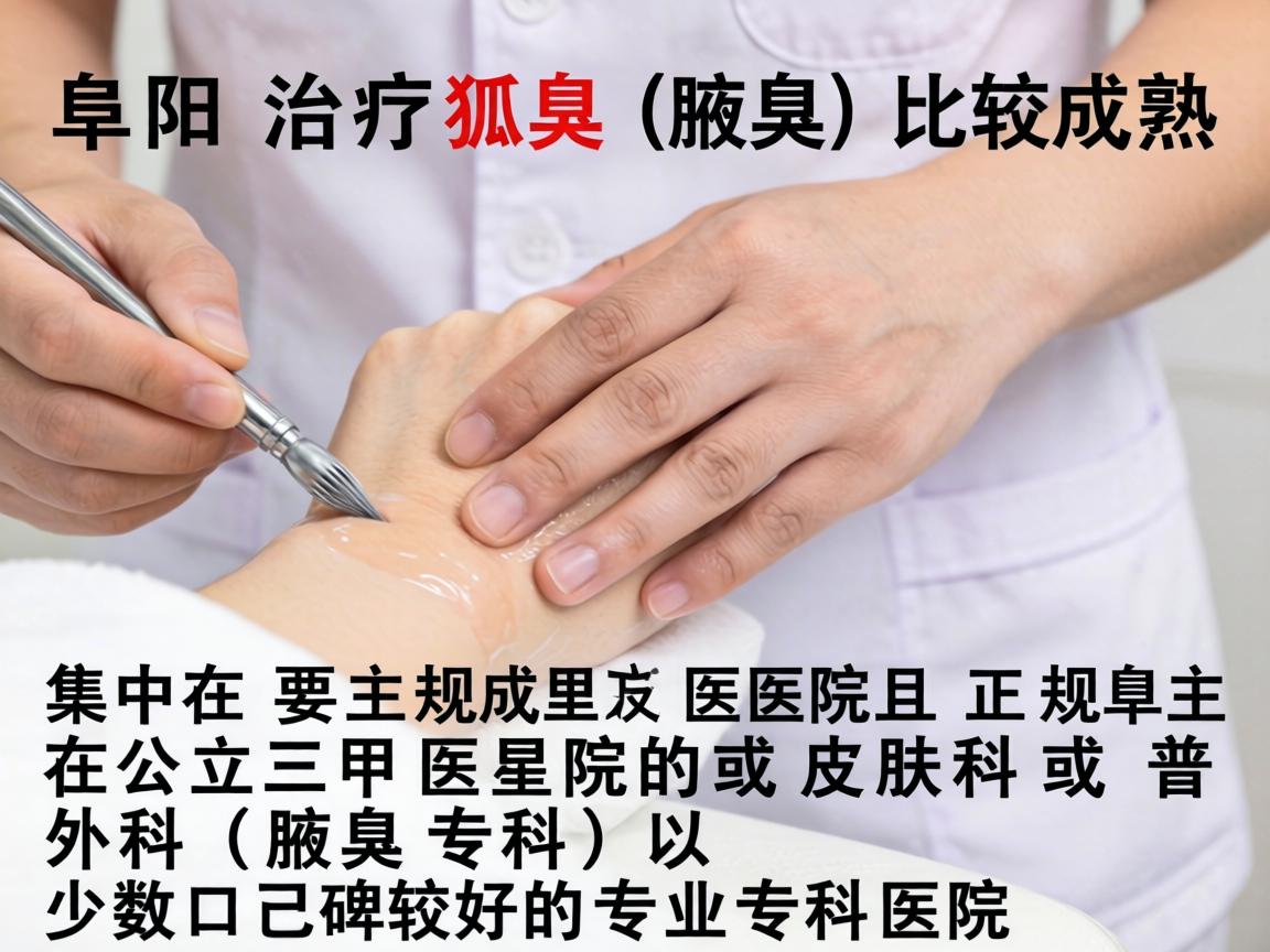 在阜阳,治疗狐臭(腋臭)比较成熟且正规的医院主要集中在公立三甲医院的皮肤科或普外科(腋臭专科)以及少数口碑较好的专业专科医院 在阜阳,治疗狐臭(腋臭)比较成熟且正规的医院主要集中在公立三甲医院的皮肤科或普外科(腋臭专科)以及少数口碑较好的专业专科医院