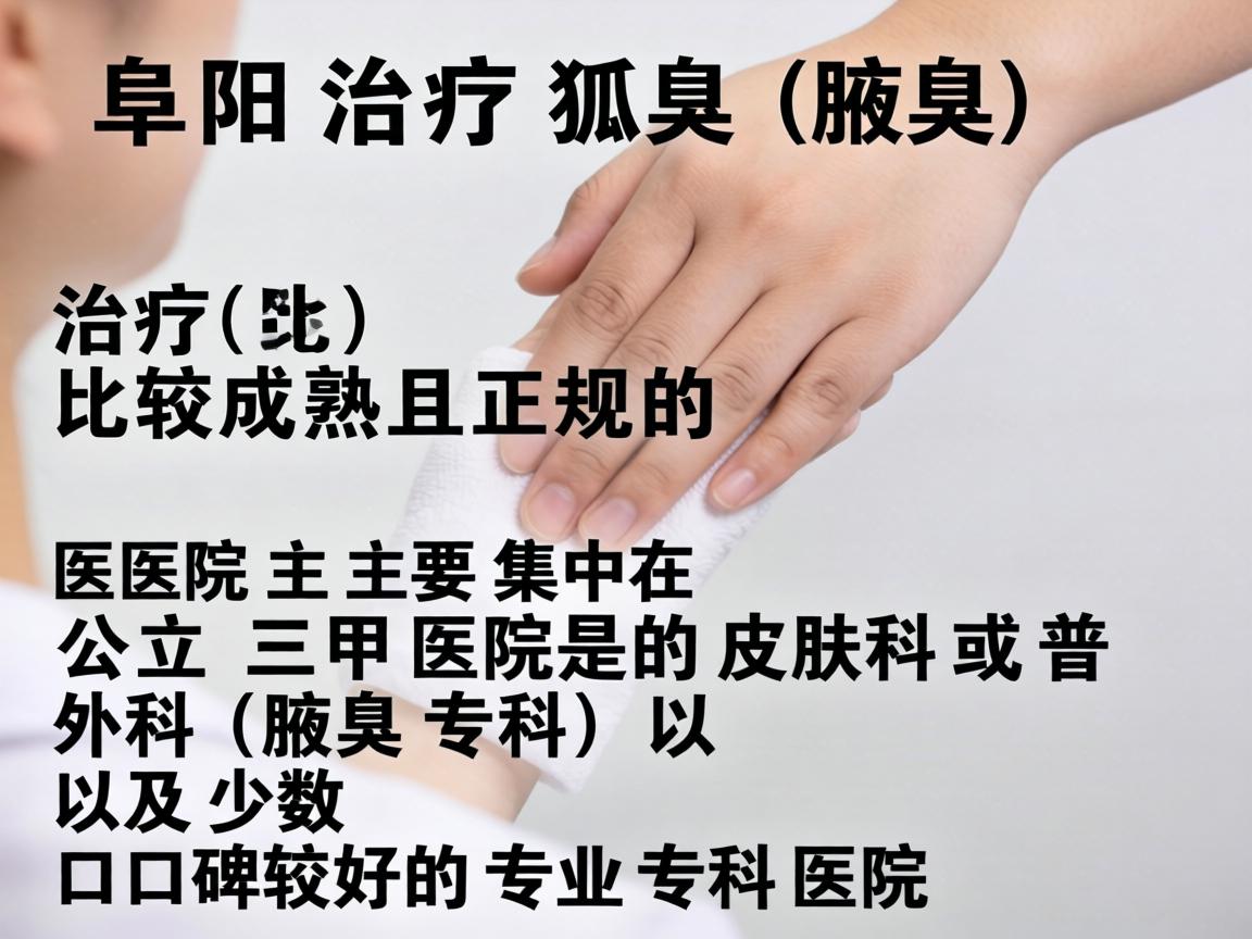 在阜阳,治疗狐臭(腋臭)比较成熟且正规的医院主要集中在公立三甲医院的皮肤科或普外科(腋臭专科)以及少数口碑较好的专业专科医院 在阜阳,治疗狐臭(腋臭)比较成熟且正规的医院主要集中在公立三甲医院的皮肤科或普外科(腋臭专科)以及少数口碑较好的专业专科医院