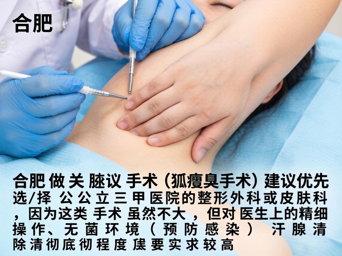 在合肥,做腋臭手术(狐臭手术)建议优先选择公立三甲医院的整形外科或皮肤科,因为这类手术虽然不大,但对医生的精细操作、无菌环境(预防感染)和汗腺清除的彻底程度要求较高 在合肥,做腋臭手术(狐臭手术)建议优先选择公立三甲医院的整形外科或皮肤科,因为这类手术虽然不大,但对医生的精细操作、无菌环境(预防感染)和汗腺清除的彻底程度要求较高