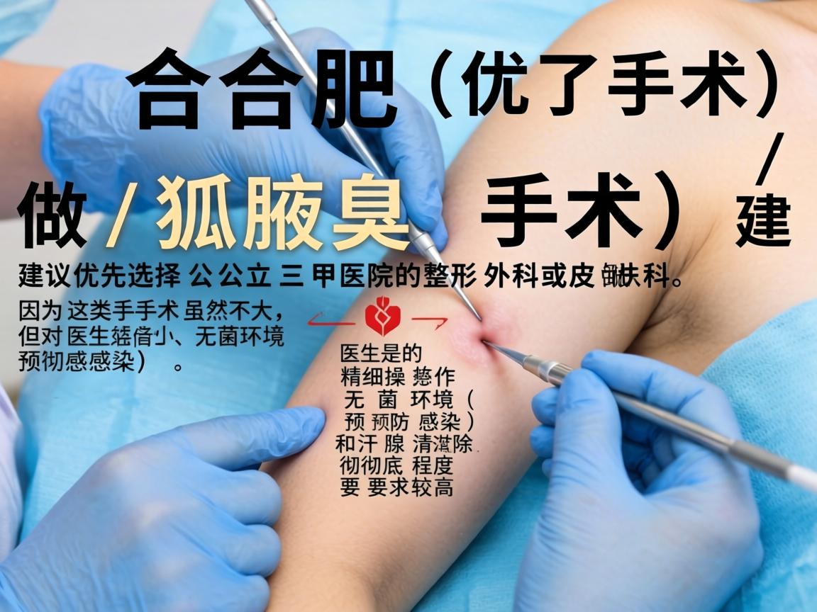 在合肥,做腋臭手术(狐臭手术)建议优先选择公立三甲医院的整形外科或皮肤科,因为这类手术虽然不大,但对医生的精细操作、无菌环境(预防感染)和汗腺清除的彻底程度要求较高 在合肥,做腋臭手术(狐臭手术)建议优先选择公立三甲医院的整形外科或皮肤科,因为这类手术虽然不大,但对医生的精细操作、无菌环境(预防感染)和汗腺清除的彻底程度要求较高