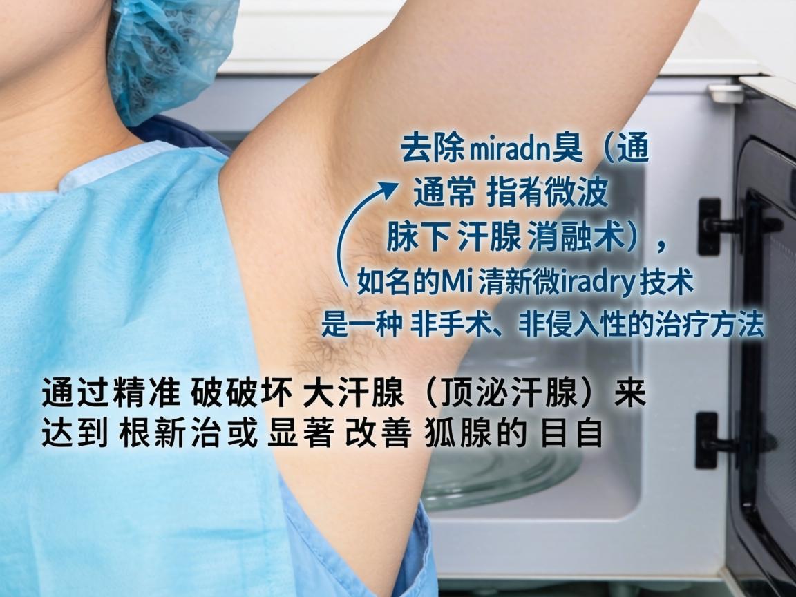 微波技术去除腋臭(通常指微波腋下汗腺消融术,如知名的Miradry清新微波技术)是一种非手术、非侵入性的治疗方法。它通过精准破坏大汗腺(顶泌汗腺)来达到根治或显著改善狐臭的目的 微波技术去除腋臭(通常指微波腋下汗腺消融术,如知名的Miradry清新微波技术)是一种非手术、非侵入性的治疗方法。它通过精准破坏大汗腺(顶泌汗腺)来达到根治或显著改善狐臭的目的