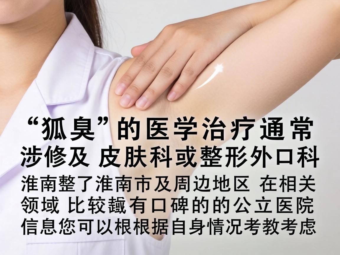 狐臭的医学治疗通常涉及皮肤科或整形外科。我为您整理了淮南市及周边地区在相关领域比较有口碑的公立医院信息,您可以根据自身情况考虑 狐臭的医学治疗通常涉及皮肤科或整形外科。我为您整理了淮南市及周边地区在相关领域比较有口碑的公立医院信息,您可以根据自身情况考虑