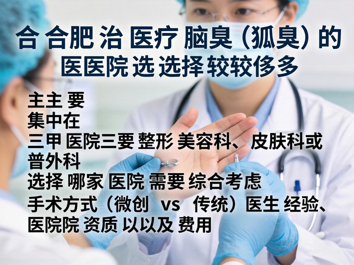 在合肥,治疗腋臭(狐臭)的医院选择较多,主要集中在三甲医院的整形美容科、皮肤科或普外科。选择哪家医院需要综合考虑手术方式(微创 vs 传统)医生经验、医院资质以及费用 在合肥,治疗腋臭(狐臭)的医院选择较多,主要集中在三甲医院的整形美容科、皮肤科或普外科。选择哪家医院需要综合考虑手术方式(微创 vs 传统)医生经验、医院资质以及费用