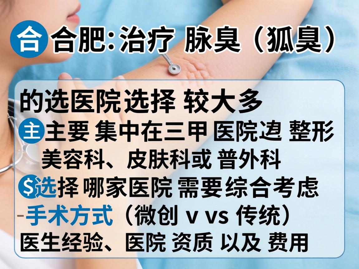在合肥,治疗腋臭(狐臭)的医院选择较多,主要集中在三甲医院的整形美容科、皮肤科或普外科。选择哪家医院需要综合考虑手术方式(微创 vs 传统)医生经验、医院资质以及费用 在合肥,治疗腋臭(狐臭)的医院选择较多,主要集中在三甲医院的整形美容科、皮肤科或普外科。选择哪家医院需要综合考虑手术方式(微创 vs 传统)医生经验、医院资质以及费用