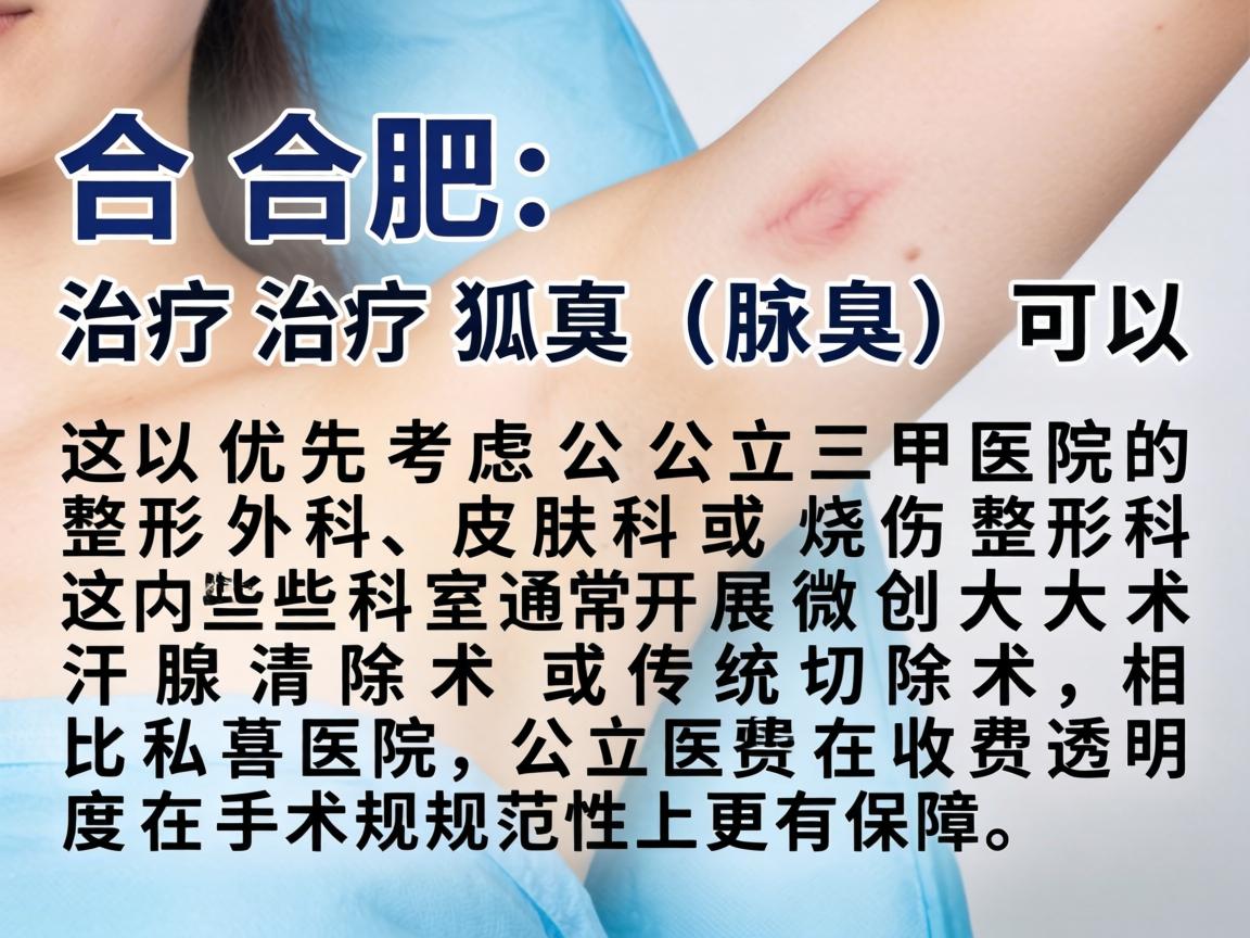 在合肥，治疗狐臭（腋臭）可以优先考虑公立三甲医院的整形外科、皮肤科或烧伤整形科。这些科室通常开展微创大汗腺清除术或传统切除术，相比私立医院，公立医院在收费透明度和手术规范性上更有保障