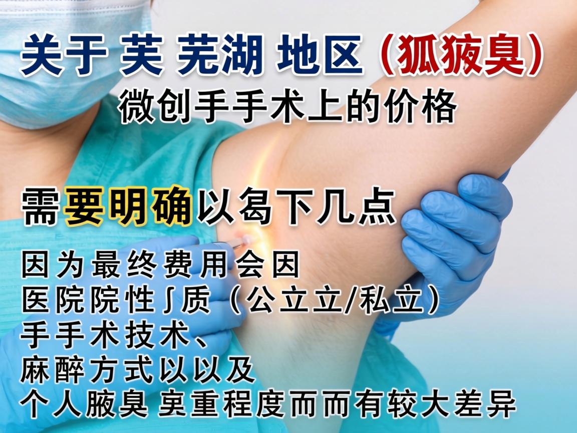 关于芜湖地区狐臭(腋臭)微创手术的价格,需要明确以下几点,因为最终费用会因医院性质(公立/私立)手术技术、麻醉方式以及个人腋臭严重程度而有较大差异 关于芜湖地区狐臭(腋臭)微创手术的价格,需要明确以下几点,因为最终费用会因医院性质(公立/私立)手术技术、麻醉方式以及个人腋臭严重程度而有较大差异