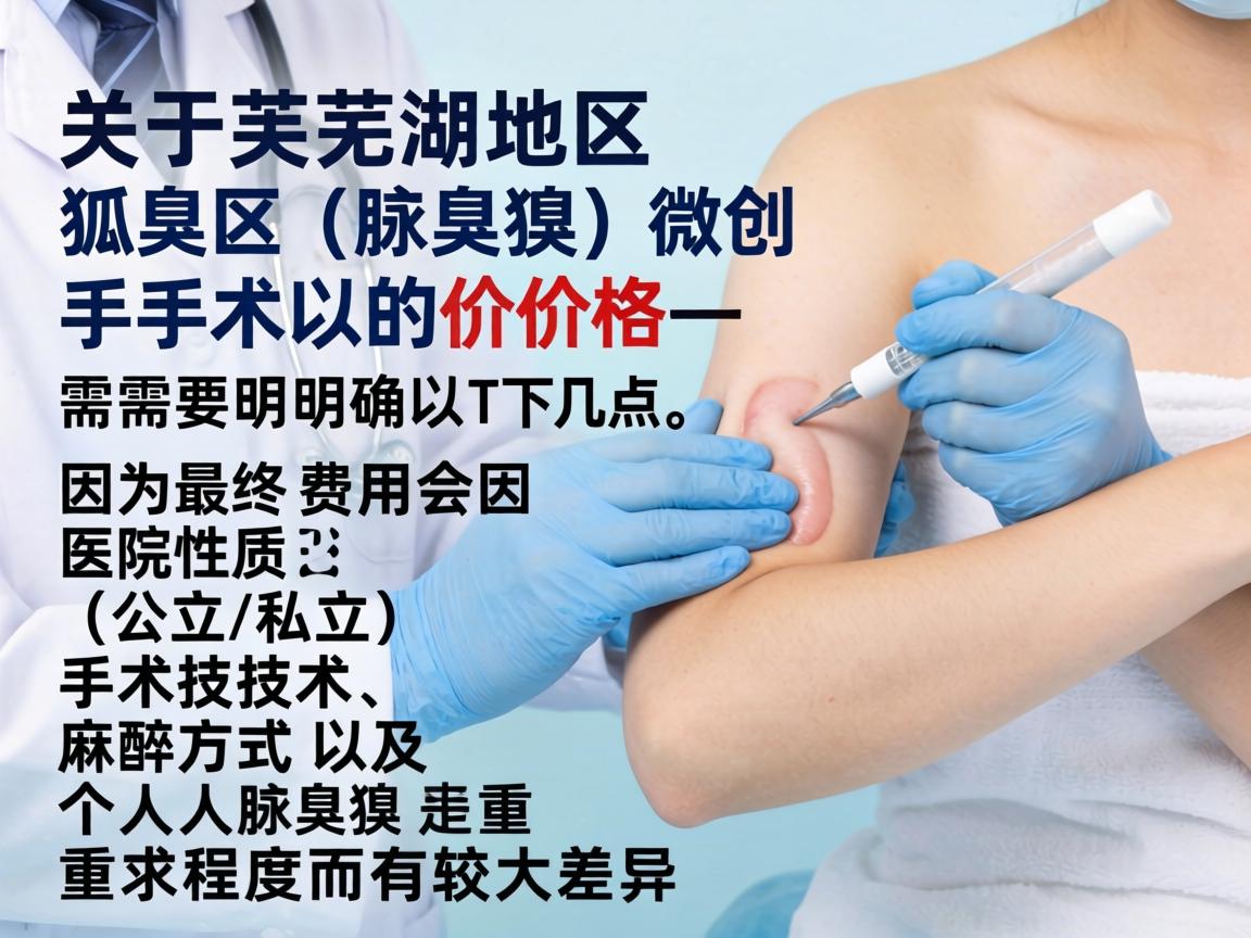 关于芜湖地区狐臭(腋臭)微创手术的价格,需要明确以下几点,因为最终费用会因医院性质(公立/私立)手术技术、麻醉方式以及个人腋臭严重程度而有较大差异 关于芜湖地区狐臭(腋臭)微创手术的价格,需要明确以下几点,因为最终费用会因医院性质(公立/私立)手术技术、麻醉方式以及个人腋臭严重程度而有较大差异