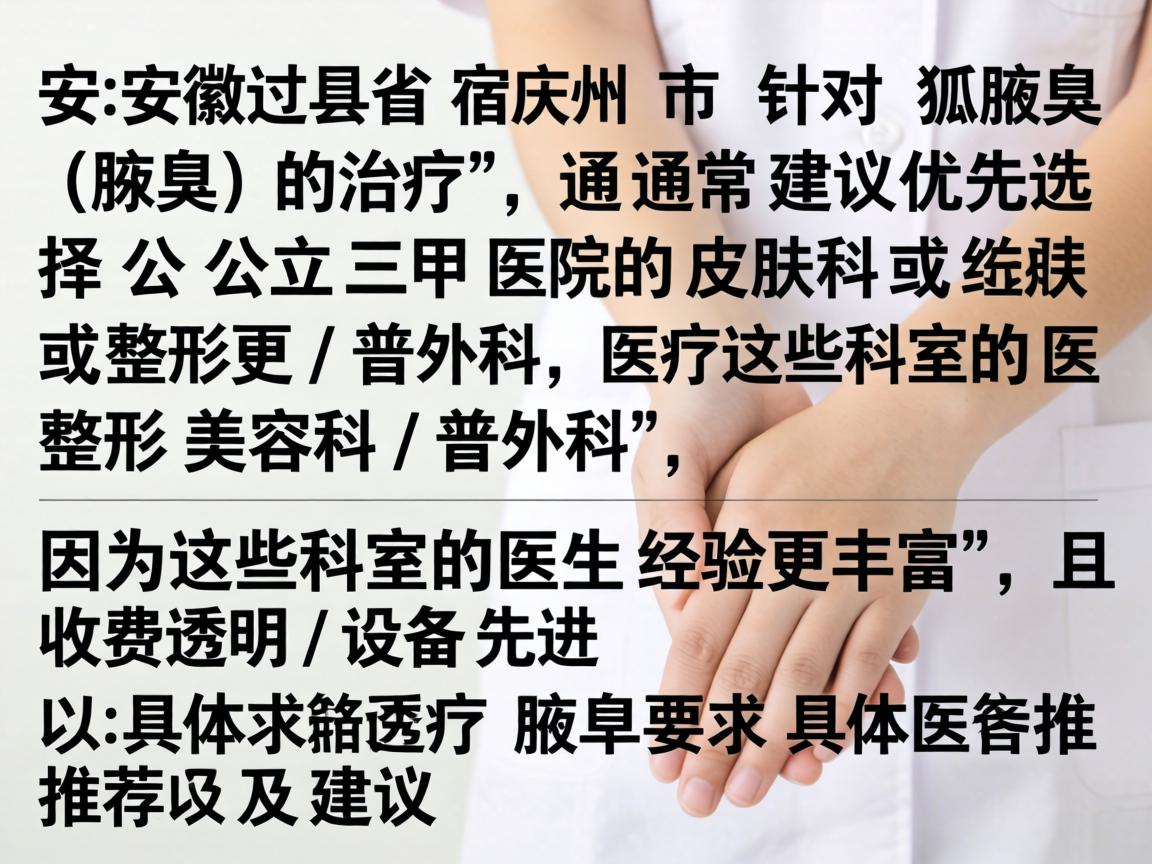 在安徽省宿州市,针对狐臭(腋臭)的治疗,通常建议优先选择公立三甲医院的皮肤科或整形美容科/普外科,因为这些科室的医生经验更丰富,且收费透明、设备先进。以下是具体推荐及建议 在安徽省宿州市,针对狐臭(腋臭)的治疗,通常建议优先选择公立三甲医院的皮肤科或整形美容科/普外科,因为这些科室的医生经验更丰富,且收费透明、设备先进。以下是具体推荐及建议