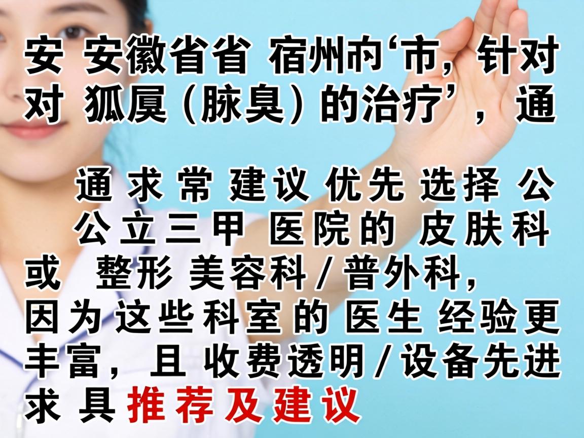 在安徽省宿州市,针对狐臭(腋臭)的治疗,通常建议优先选择公立三甲医院的皮肤科或整形美容科/普外科,因为这些科室的医生经验更丰富,且收费透明、设备先进。以下是具体推荐及建议 在安徽省宿州市,针对狐臭(腋臭)的治疗,通常建议优先选择公立三甲医院的皮肤科或整形美容科/普外科,因为这些科室的医生经验更丰富,且收费透明、设备先进。以下是具体推荐及建议