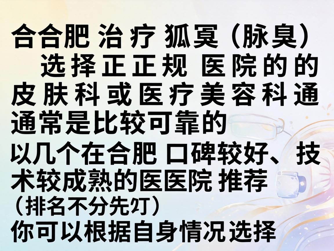 在合肥，治疗狐臭（腋臭）选择正规医院的皮肤科或医疗美容科通常是比较可靠的。以下是几个在合肥口碑较好、技术较成熟的医院推荐（排名不分先后）你可以根据自身情况选择
