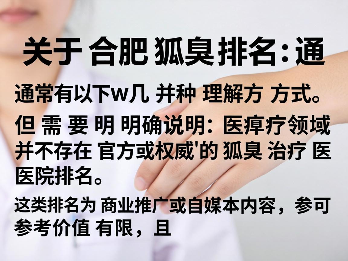 关于合肥狐臭排名,通常有以下几种理解方式,但需要明确说明,医疗领域并不存在官方或权威的狐臭治疗医院排名。这类排名多为商业推广或自媒体内容,参考价值有限,且可能存在误导 关于合肥狐臭排名,通常有以下几种理解方式,但需要明确说明,医疗领域并不存在官方或权威的狐臭治疗医院排名。这类排名多为商业推广或自媒体内容,参考价值有限,且可能存在误导