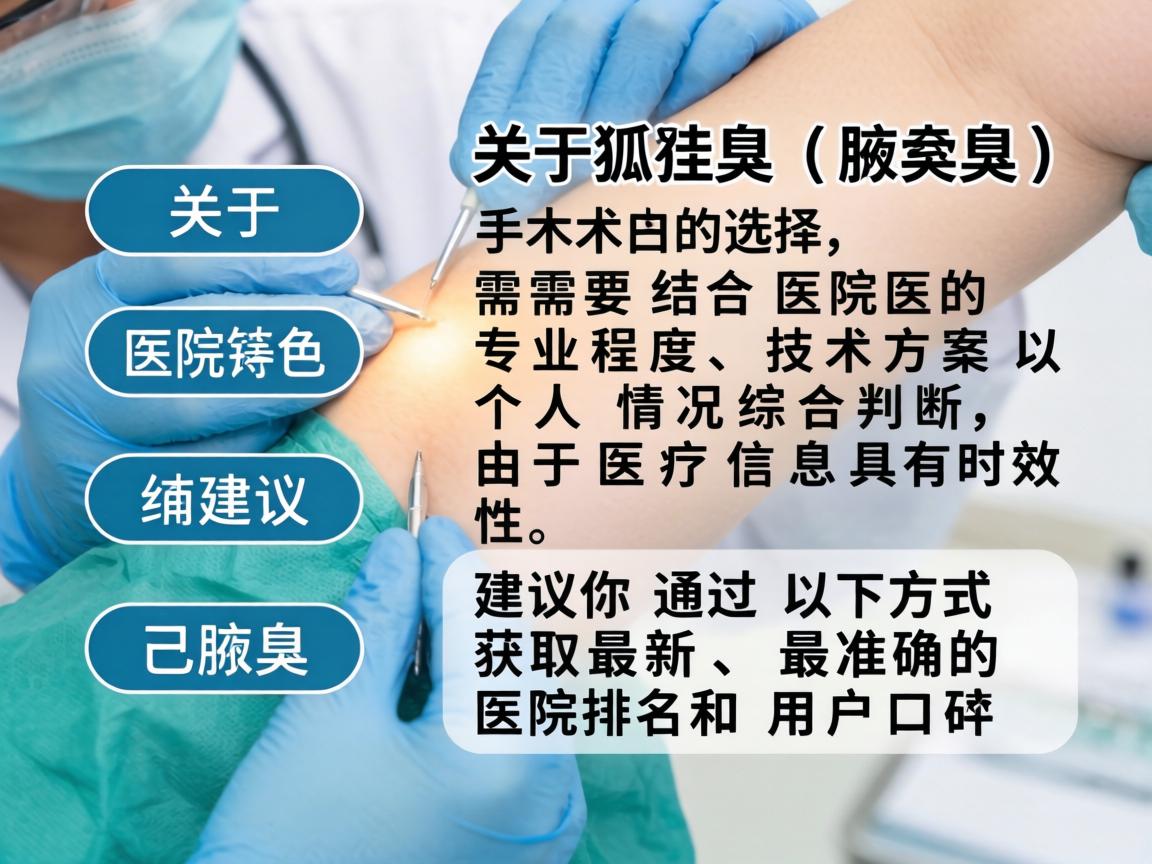 关于狐臭(腋臭)手术的选择,需要结合医院的专业程度、技术方案以及个人情况综合判断。由于医疗信息具有时效性,建议你通过以下方式获取最新、最准确的医院排名和用户口碑 关于狐臭(腋臭)手术的选择,需要结合医院的专业程度、技术方案以及个人情况综合判断。由于医疗信息具有时效性,建议你通过以下方式获取最新、最准确的医院排名和用户口碑