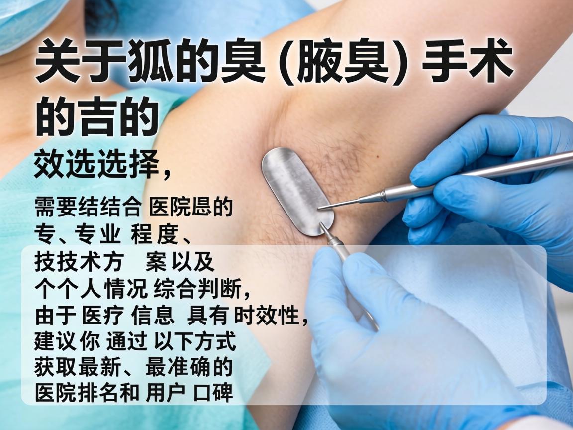 关于狐臭(腋臭)手术的选择,需要结合医院的专业程度、技术方案以及个人情况综合判断。由于医疗信息具有时效性,建议你通过以下方式获取最新、最准确的医院排名和用户口碑 关于狐臭(腋臭)手术的选择,需要结合医院的专业程度、技术方案以及个人情况综合判断。由于医疗信息具有时效性,建议你通过以下方式获取最新、最准确的医院排名和用户口碑