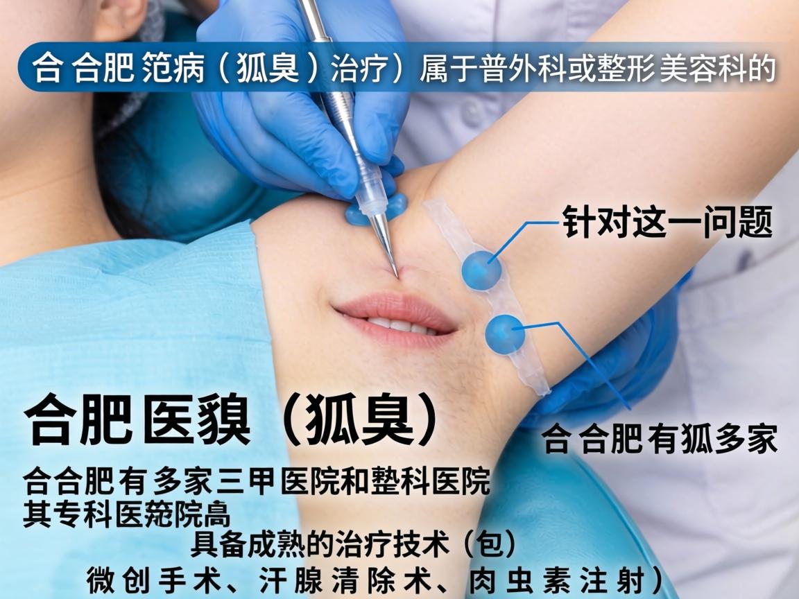 在合肥,治疗狐臭(腋臭)属于普外科或整形美容科的范畴。针对这一问题,合肥有多家三甲医院和专科医院具备成熟的治疗技术(包括微创手术、汗腺清除术、肉毒素注射等) 在合肥,治疗狐臭(腋臭)属于普外科或整形美容科的范畴。针对这一问题,合肥有多家三甲医院和专科医院具备成熟的治疗技术(包括微创手术、汗腺清除术、肉毒素注射等)