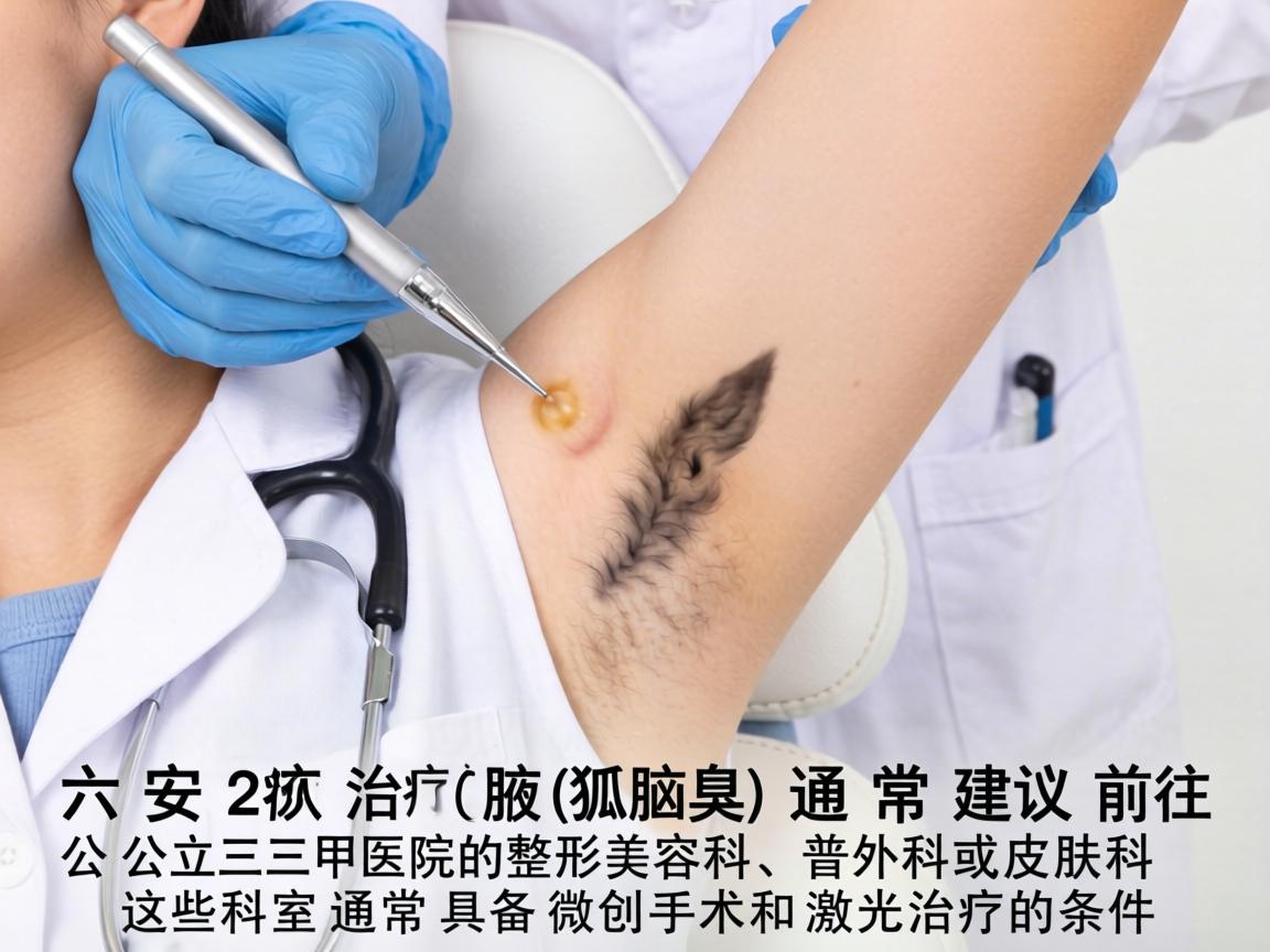 在六安,治疗狐臭(腋臭)通常建议前往公立三甲医院的整形美容科、普外科或皮肤科。这些科室通常具备微创手术和激光治疗的条件 在六安,治疗狐臭(腋臭)通常建议前往公立三甲医院的整形美容科、普外科或皮肤科。这些科室通常具备微创手术和激光治疗的条件