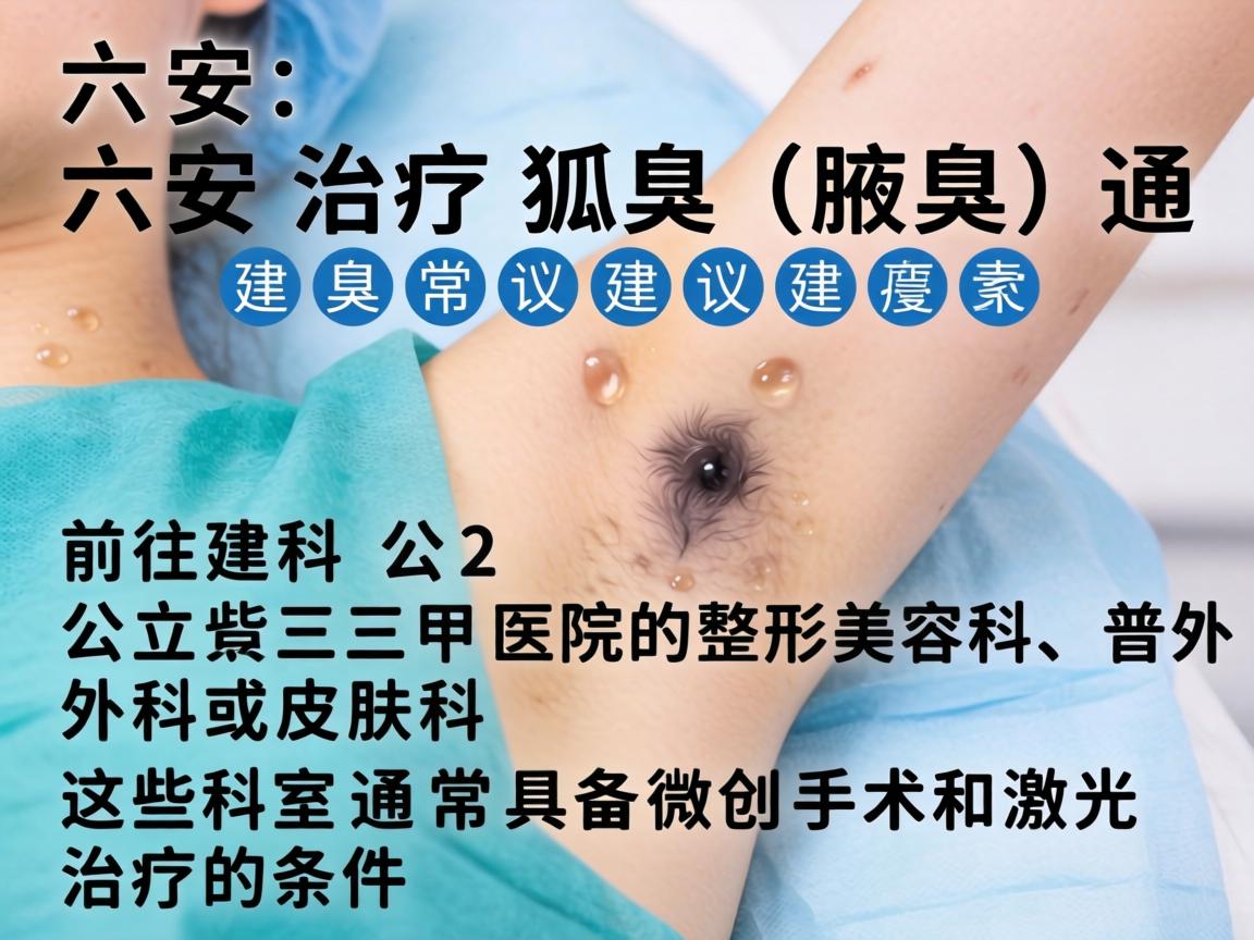 在六安,治疗狐臭(腋臭)通常建议前往公立三甲医院的整形美容科、普外科或皮肤科。这些科室通常具备微创手术和激光治疗的条件 在六安,治疗狐臭(腋臭)通常建议前往公立三甲医院的整形美容科、普外科或皮肤科。这些科室通常具备微创手术和激光治疗的条件