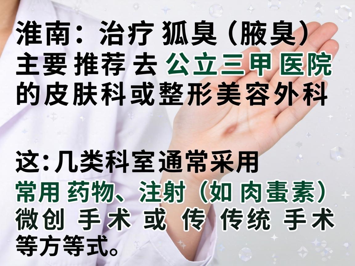 在淮南,治疗狐臭(腋臭)主要推荐去公立三甲医院的皮肤科或整形美容外科。这几类科室通常采用药物、注射(如肉毒素)微创手术或传统手术等方式 在淮南,治疗狐臭(腋臭)主要推荐去公立三甲医院的皮肤科或整形美容外科。这几类科室通常采用药物、注射(如肉毒素)微创手术或传统手术等方式