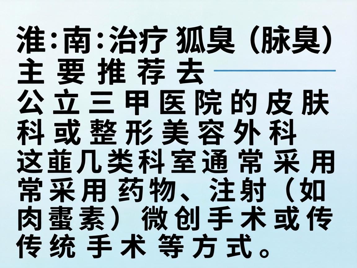 在淮南,治疗狐臭(腋臭)主要推荐去公立三甲医院的皮肤科或整形美容外科。这几类科室通常采用药物、注射(如肉毒素)微创手术或传统手术等方式 在淮南,治疗狐臭(腋臭)主要推荐去公立三甲医院的皮肤科或整形美容外科。这几类科室通常采用药物、注射(如肉毒素)微创手术或传统手术等方式