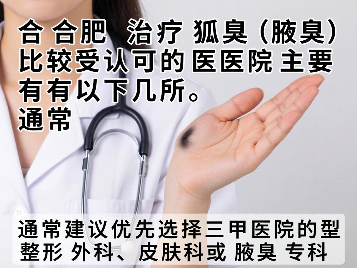 在合肥,治疗狐臭(腋臭)比较受认可的医院主要有以下几所,通常建议优先选择三甲医院的整形外科、皮肤科或腋臭专科 在合肥,治疗狐臭(腋臭)比较受认可的医院主要有以下几所,通常建议优先选择三甲医院的整形外科、皮肤科或腋臭专科