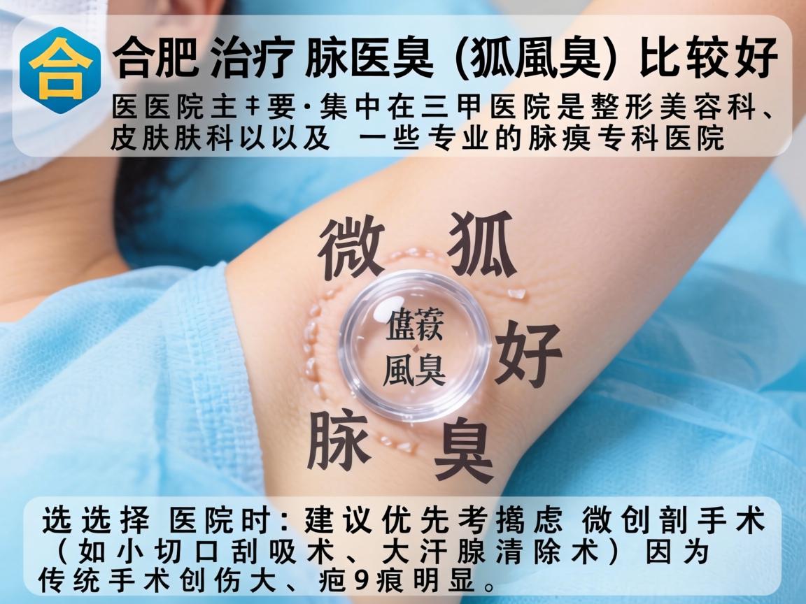 在合肥，治疗腋臭（狐臭）比较好的医院主要集中在三甲医院的整形美容科、皮肤科以及一些专业的腋臭专科医院。选择医院时，建议优先考虑微创手术（如小切口刮吸术、大汗腺清除术）因为传统手术创伤大、疤痕明显