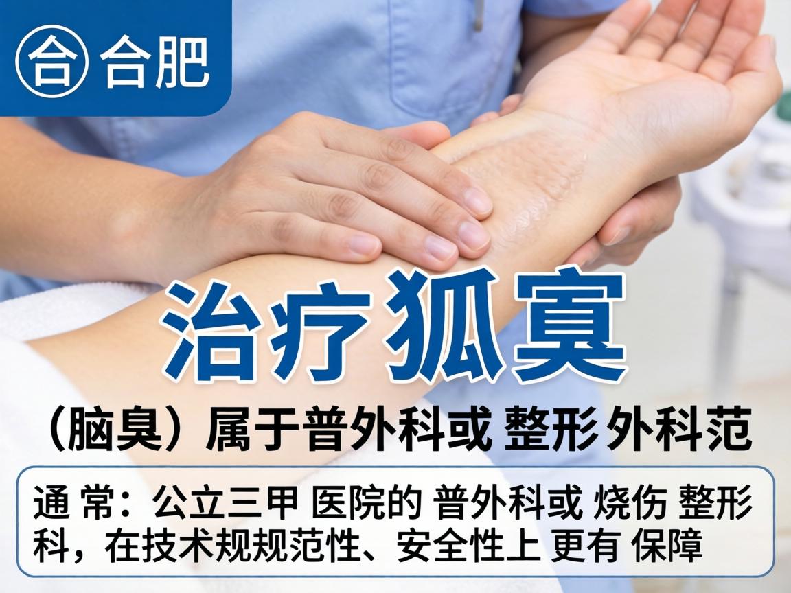 在合肥,治疗狐臭(腋臭)属于普外科或整形外科的范畴。通常,公立三甲医院的普外科或烧伤整形科在技术规范性和安全性上更有保障 在合肥,治疗狐臭(腋臭)属于普外科或整形外科的范畴。通常,公立三甲医院的普外科或烧伤整形科在技术规范性和安全性上更有保障