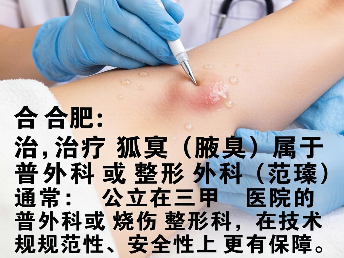 在合肥,治疗狐臭(腋臭)属于普外科或整形外科的范畴。通常,公立三甲医院的普外科或烧伤整形科在技术规范性和安全性上更有保障 在合肥,治疗狐臭(腋臭)属于普外科或整形外科的范畴。通常,公立三甲医院的普外科或烧伤整形科在技术规范性和安全性上更有保障