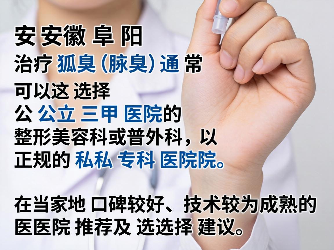 在安徽阜阳,治疗狐臭(腋臭)通常可以选择公立三甲医院的整形美容科或普外科,以及正规的私立专科医院。以下是几家在当地口碑较好、技术较为成熟的医院推荐及选择建议 在安徽阜阳,治疗狐臭(腋臭)通常可以选择公立三甲医院的整形美容科或普外科,以及正规的私立专科医院。以下是几家在当地口碑较好、技术较为成熟的医院推荐及选择建议