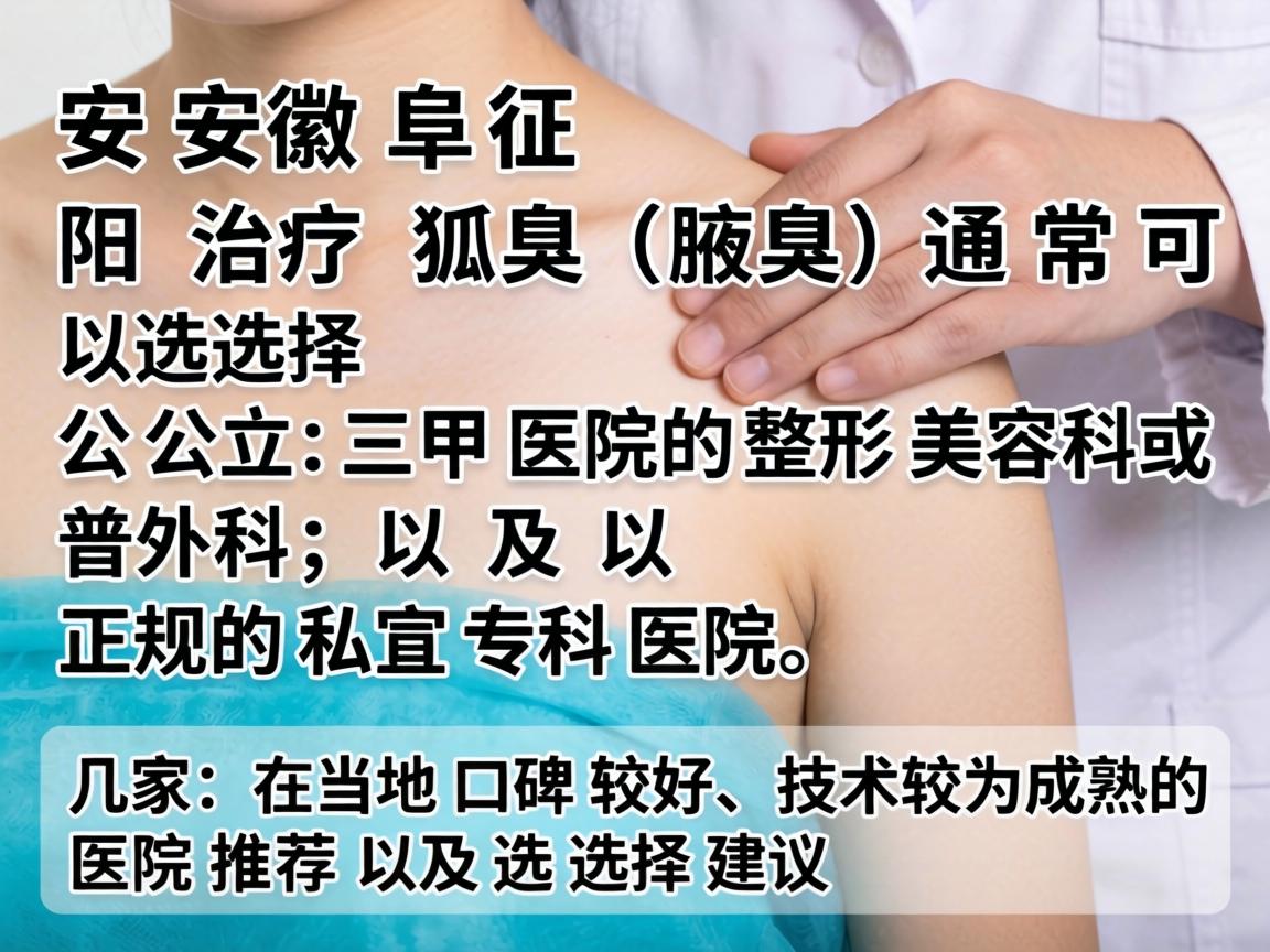 在安徽阜阳,治疗狐臭(腋臭)通常可以选择公立三甲医院的整形美容科或普外科,以及正规的私立专科医院。以下是几家在当地口碑较好、技术较为成熟的医院推荐及选择建议 在安徽阜阳,治疗狐臭(腋臭)通常可以选择公立三甲医院的整形美容科或普外科,以及正规的私立专科医院。以下是几家在当地口碑较好、技术较为成熟的医院推荐及选择建议