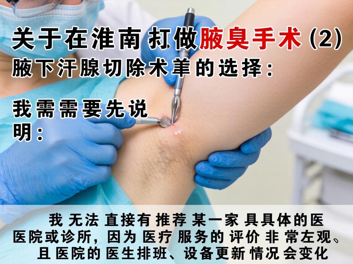 关于在淮南做腋臭手术(腋下汗腺切除术)的选择,我需要先说明,我无法直接推荐某一家具体的医院或诊所,因为医疗服务的评价非常主观,且医院的医生排班、设备更新情况会变化 关于在淮南做腋臭手术(腋下汗腺切除术)的选择,我需要先说明,我无法直接推荐某一家具体的医院或诊所,因为医疗服务的评价非常主观,且医院的医生排班、设备更新情况会变化