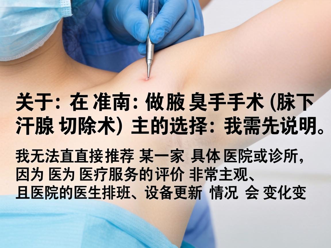 关于在淮南做腋臭手术(腋下汗腺切除术)的选择,我需要先说明,我无法直接推荐某一家具体的医院或诊所,因为医疗服务的评价非常主观,且医院的医生排班、设备更新情况会变化 关于在淮南做腋臭手术(腋下汗腺切除术)的选择,我需要先说明,我无法直接推荐某一家具体的医院或诊所,因为医疗服务的评价非常主观,且医院的医生排班、设备更新情况会变化