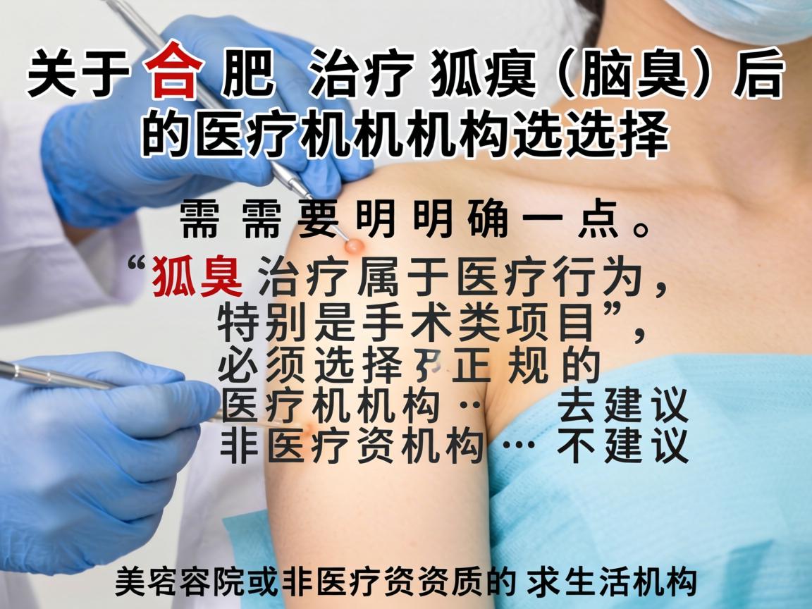 关于合肥治疗狐臭（腋臭）的医疗机构选择，需要明确一点，狐臭治疗属于医疗行为，特别是手术类项目，必须选择正规的医疗机构，不建议去美容院或非医疗资质的生活机构