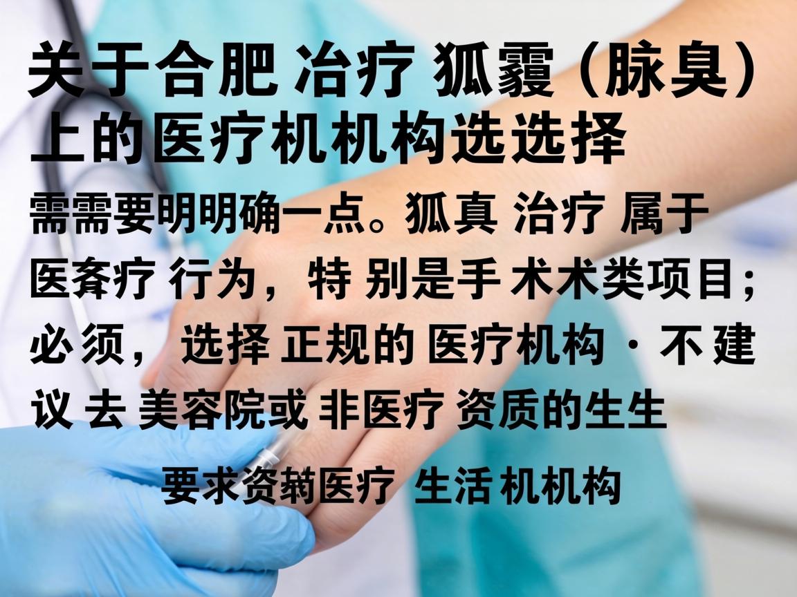关于合肥治疗狐臭（腋臭）的医疗机构选择，需要明确一点，狐臭治疗属于医疗行为，特别是手术类项目，必须选择正规的医疗机构，不建议去美容院或非医疗资质的生活机构