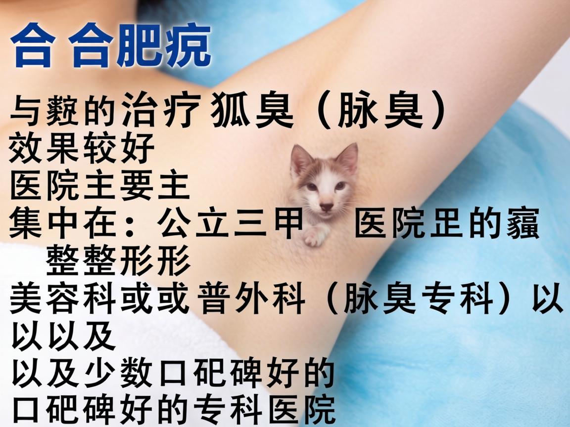 在合肥,治疗狐臭(腋臭)效果较好的医院主要集中在公立三甲医院的整形美容科或普外科(腋臭专科)以及少数口碑好的专科医院 在合肥,治疗狐臭(腋臭)效果较好的医院主要集中在公立三甲医院的整形美容科或普外科(腋臭专科)以及少数口碑好的专科医院