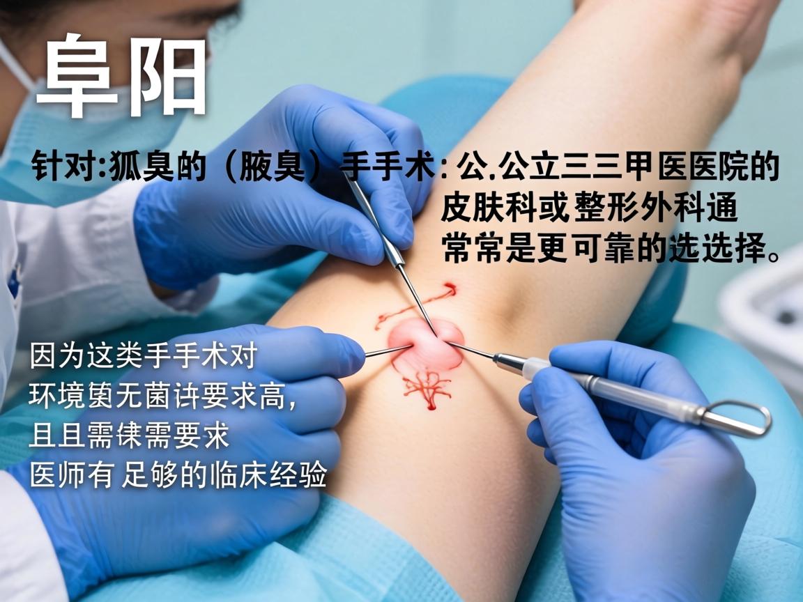 在阜阳,针对狐臭(腋臭)手术,公立三甲医院的皮肤科或整形外科通常是更可靠的选择,因为这类手术对环境无菌要求高,且需要医生有足够的临床经验 在阜阳,针对狐臭(腋臭)手术,公立三甲医院的皮肤科或整形外科通常是更可靠的选择,因为这类手术对环境无菌要求高,且需要医生有足够的临床经验
