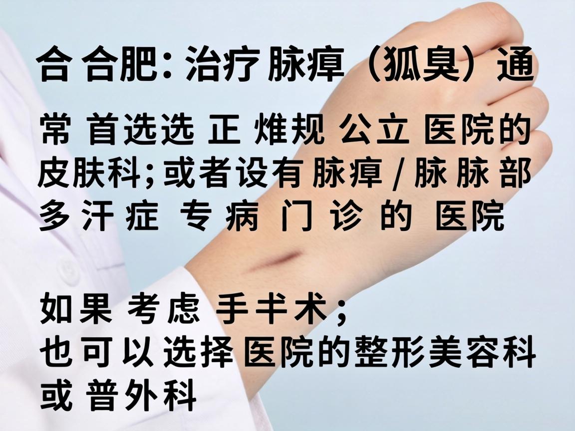 在合肥，治疗腋臭（狐臭）通常首选正规公立医院的皮肤科，或者设有腋臭/腋部多汗症专病门诊的医院。如果考虑手术，也可以选择医院的整形美容科或普外科