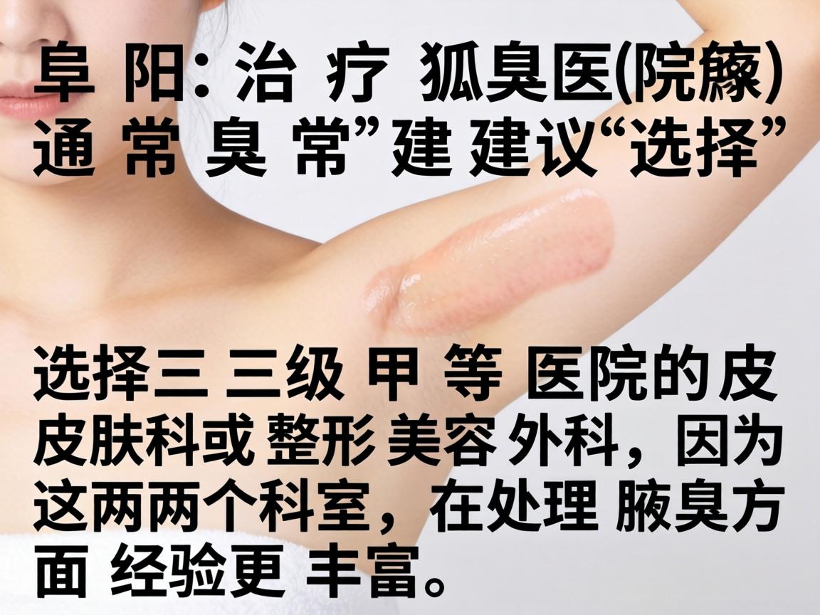 在阜阳,治疗狐臭(腋臭)通常建议选择三级甲等医院的皮肤科或整形美容外科,因为这两个科室在处理腋臭方面经验更丰富 在阜阳,治疗狐臭(腋臭)通常建议选择三级甲等医院的皮肤科或整形美容外科,因为这两个科室在处理腋臭方面经验更丰富