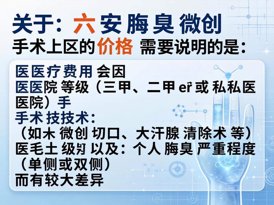 关于六安腋臭微创手术的价格,需要说明的是,医疗费用会因医院等级(三甲、二甲或私立医院)手术技术(如微创切口、大汗腺清除术等)医生级别以及个人腋臭严重程度(单侧或双侧)而有较大差异 关于六安腋臭微创手术的价格,需要说明的是,医疗费用会因医院等级(三甲、二甲或私立医院)手术技术(如微创切口、大汗腺清除术等)医生级别以及个人腋臭严重程度(单侧或双侧)而有较大差异