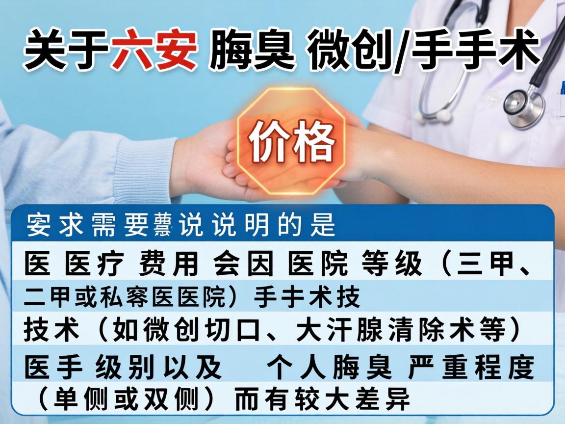 关于六安腋臭微创手术的价格,需要说明的是,医疗费用会因医院等级(三甲、二甲或私立医院)手术技术(如微创切口、大汗腺清除术等)医生级别以及个人腋臭严重程度(单侧或双侧)而有较大差异 关于六安腋臭微创手术的价格,需要说明的是,医疗费用会因医院等级(三甲、二甲或私立医院)手术技术(如微创切口、大汗腺清除术等)医生级别以及个人腋臭严重程度(单侧或双侧)而有较大差异