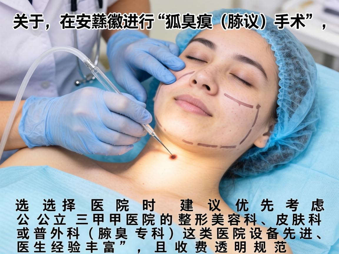 关于在安徽进行狐臭(腋臭)手术,选择医院时建议优先考虑公立三甲医院的整形美容科、皮肤科或普外科(腋臭专科)这类医院设备先进、医生经验丰富,且收费透明规范 关于在安徽进行狐臭(腋臭)手术,选择医院时建议优先考虑公立三甲医院的整形美容科、皮肤科或普外科(腋臭专科)这类医院设备先进、医生经验丰富,且收费透明规范