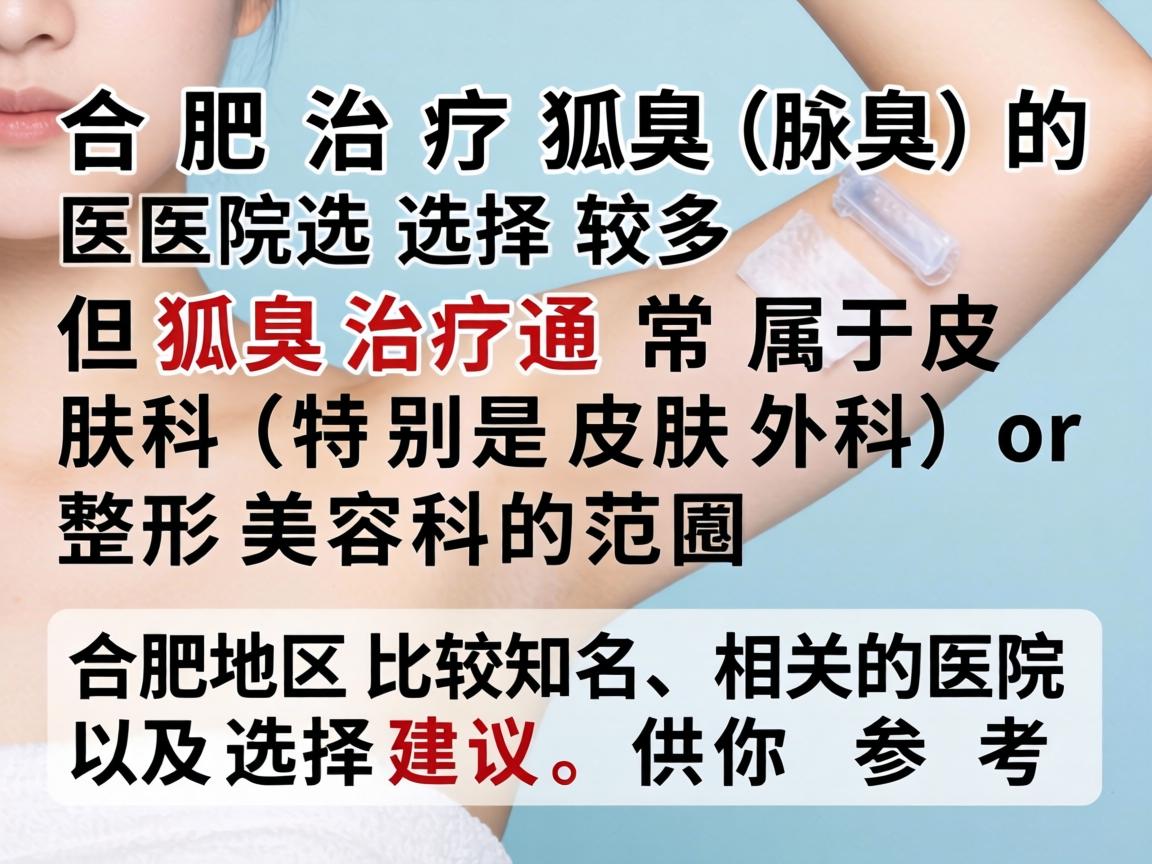 合肥治疗狐臭(腋臭)的医院选择较多,但狐臭治疗通常属于皮肤科(特别是皮肤外科)或整形美容科的范畴。以下是合肥地区比较知名、相关的医院及选择建议,供你参考 合肥治疗狐臭(腋臭)的医院选择较多,但狐臭治疗通常属于皮肤科(特别是皮肤外科)或整形美容科的范畴。以下是合肥地区比较知名、相关的医院及选择建议,供你参考